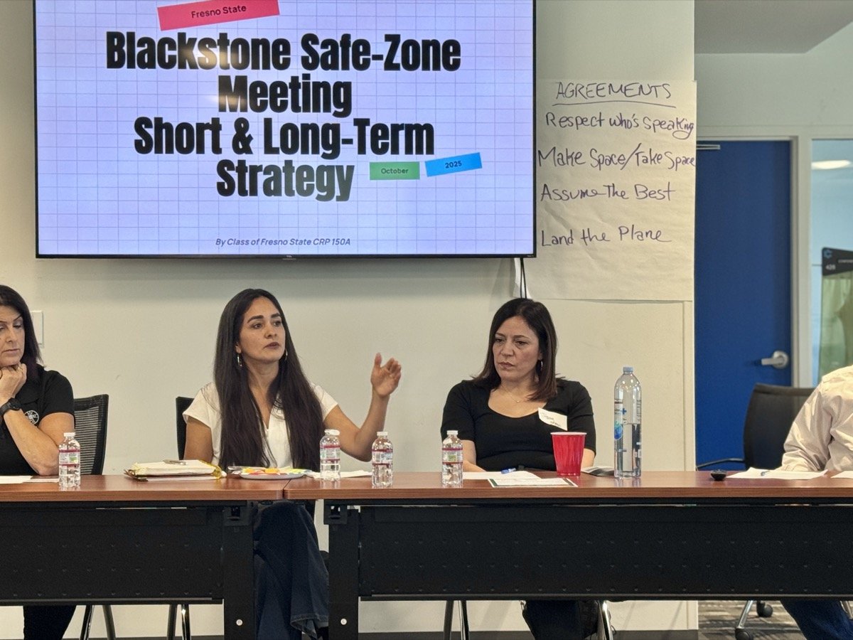 Ariana speaking alongside another panellist at a Blackstone Safe-Zone community meeting, in front of a screen reading Short & Long-Term Strategy